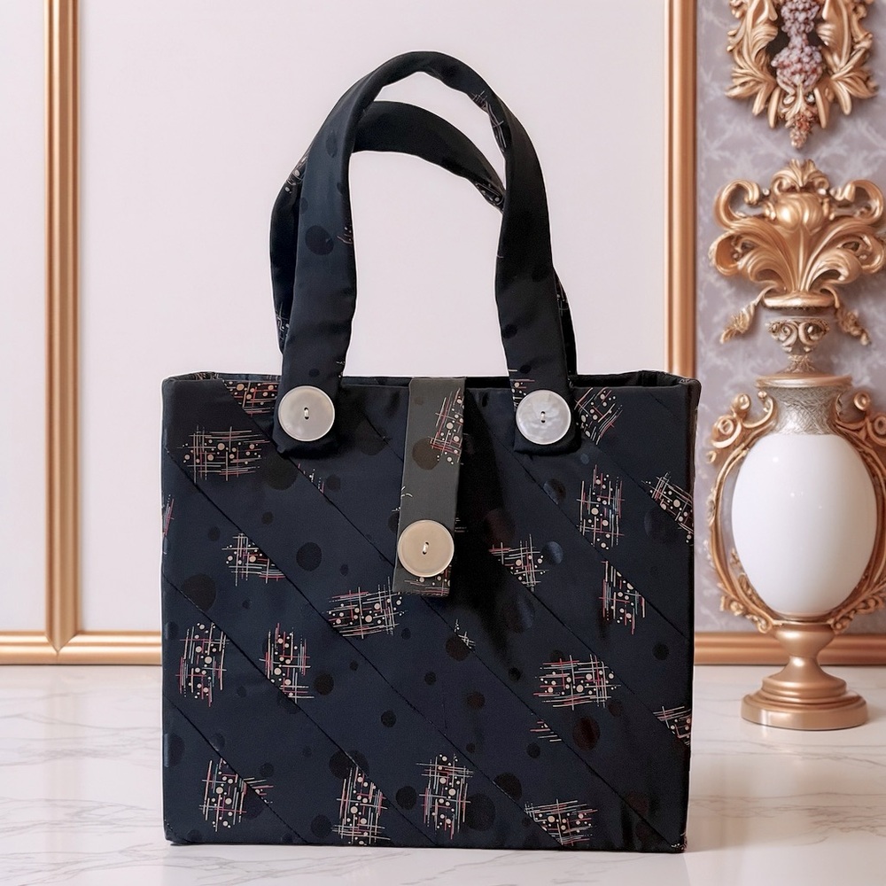 🇫🇷 Handmade 🎶 🎹 🎷 100% Silk Musician Stylish Black Tote Bag with Button Accents